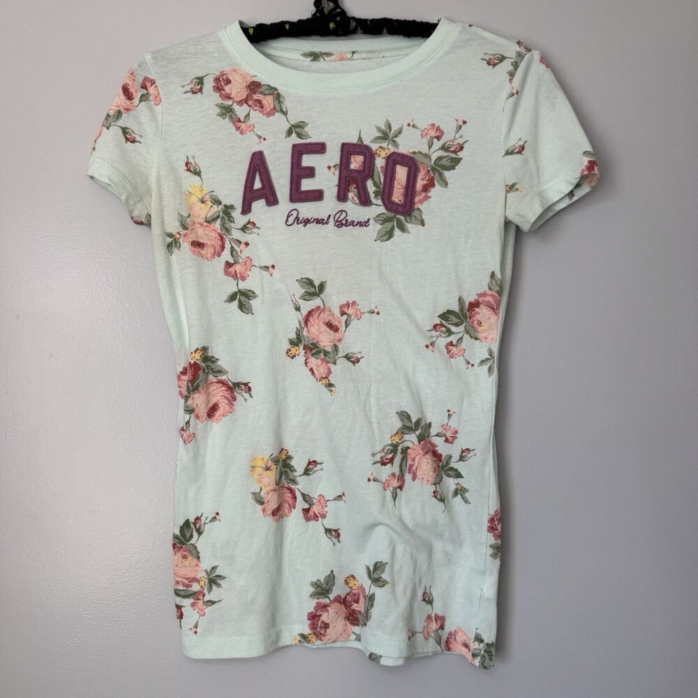 Adorable Aeropostale Graphic Floral Logo Short Sleeve Tee Sz S Teal Rose